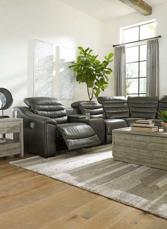Center Line Dark Gray Leather 3 Piece Modular Power Reclining Loveseat with Console and USB Charging