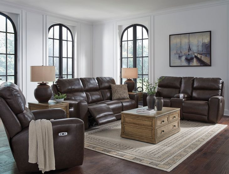Side Step Smoke Leather Power Reclining Living Room Set