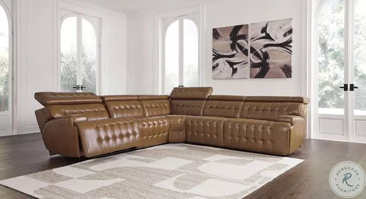 Temmpton Chocolate Leather 5 Piece Power Reclining Sectional