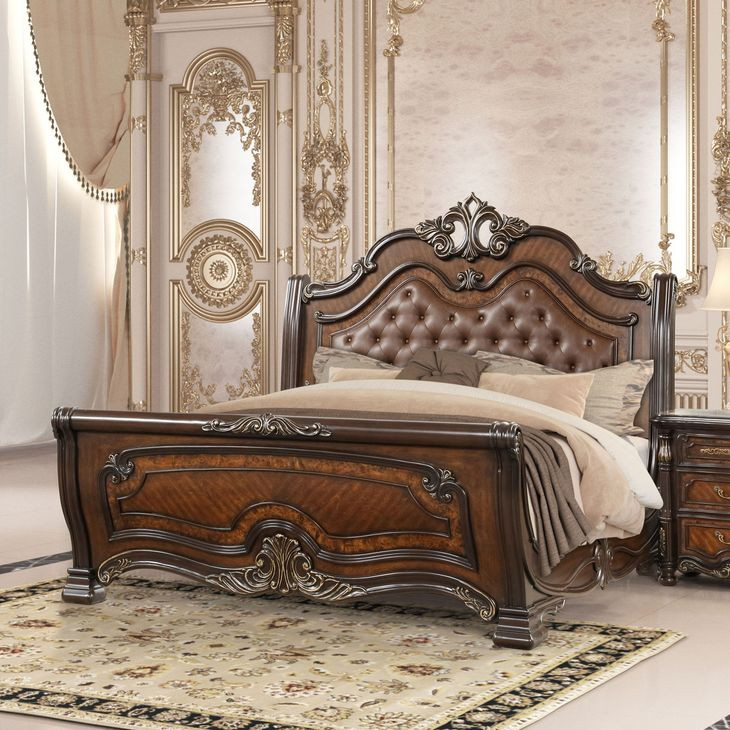Bella Notte Brown Upholstered Sleigh Bedroom Set with USB Charging