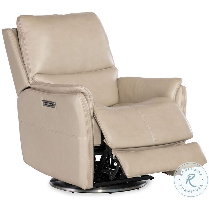 Soiree Beige Leather Zero Gravity Swivel Power Recliner With Power ...