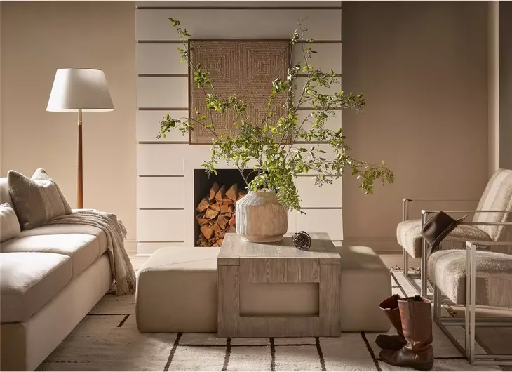 Dwell Aline Beige and Boulder Leather Upholstered Nesting Cocktail Table with Rectangular Ottoman