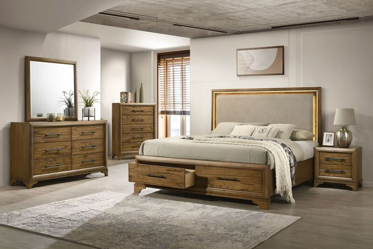 Talcott Warm Honey Brown Upholstered Storage Platform Bedroom Set with LED