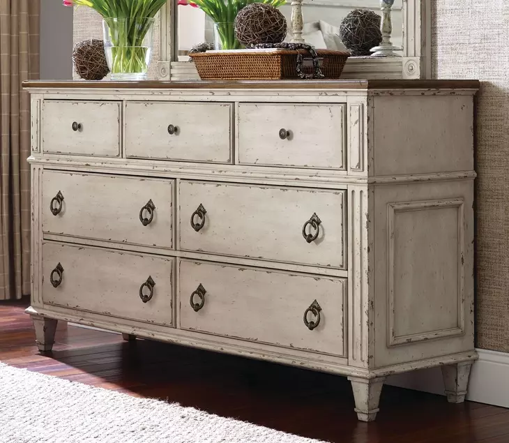 Southbury Parchment and Brown 7 Drawer Dresser with Rectangular Landscape Mirror