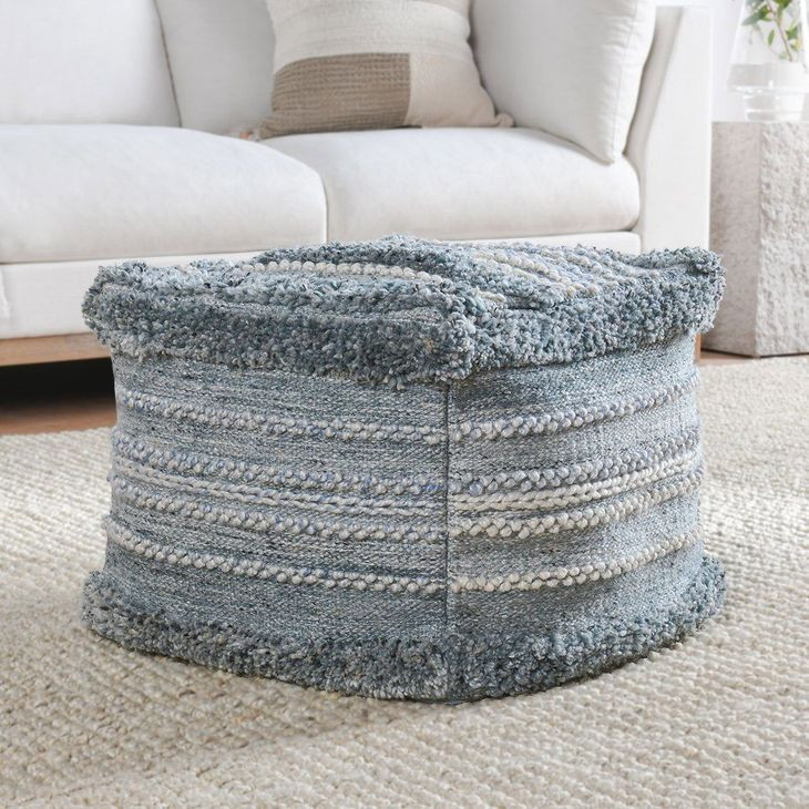 Poufs Blue and White Performance Elko Square Outdoor Pouf