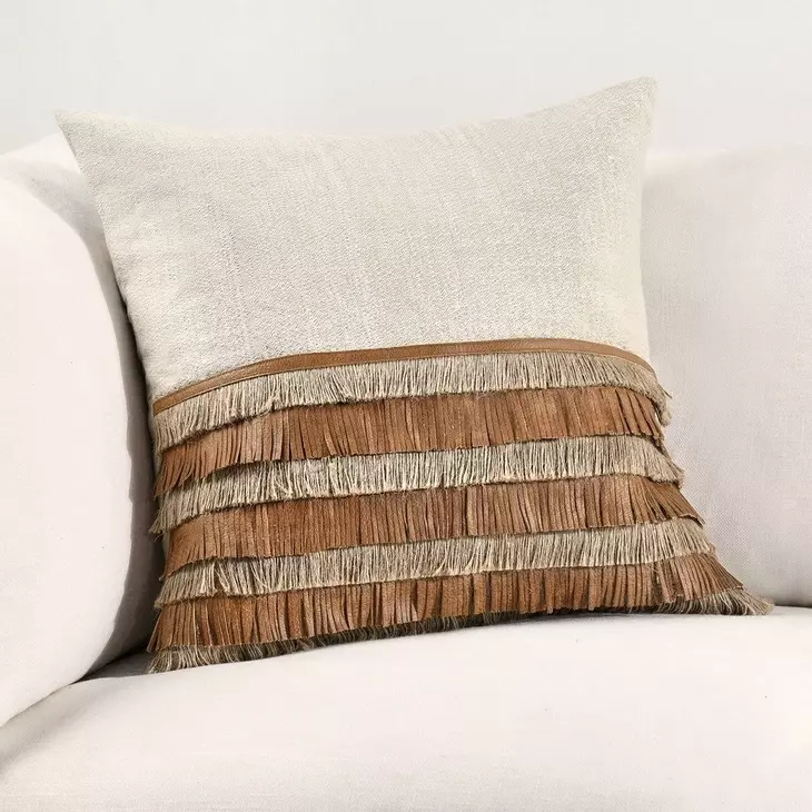 Timeless Casa Leather Chestnut and Natural Square Accent Pillow Set of 2