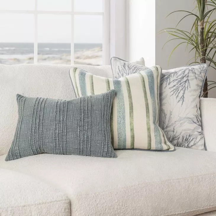 Tranquil Coasts Harbor Stripe Ivory and Blue Square Accent Pillow Set of 2