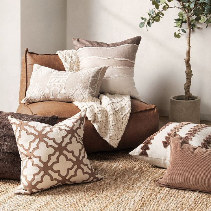 Lineage Bikram Ivory and Mocha Cream Square Accent Pillow