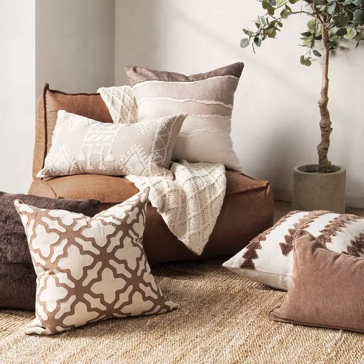 Lineage Bikram Ivory and Mocha Cream Square Accent Pillow Set of 2