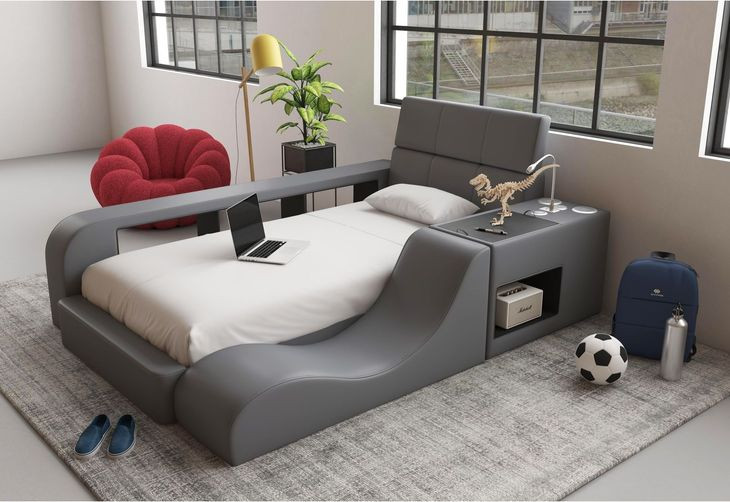 Booker Gray Twin Upholstered Transformer Bed with Electronic Features and LED