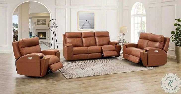 Varden Nutmeg Leather Zero Gravity Power Reclining Living Room Set with Power Headrest and USB Charging