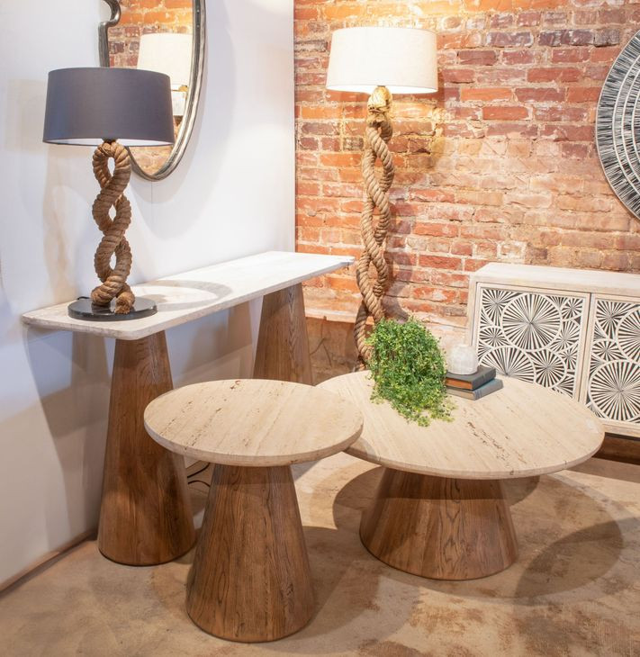 Caldera Light Oak and White Travertine Top Round Side Table