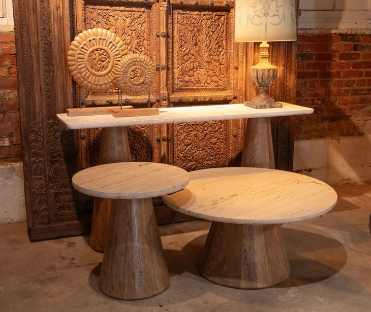 Caldera Light Oak and White Travertine Top Console Table