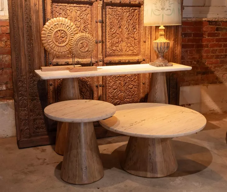 Caldera Light Oak and White Travertine Top Console Table
