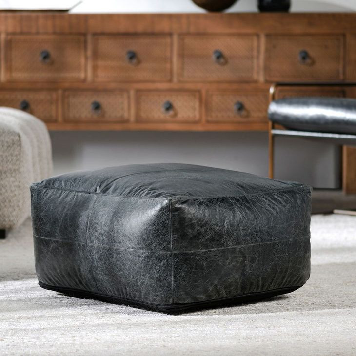 Poufs Leather Dexter Onyx Leather Square Accent Pouf