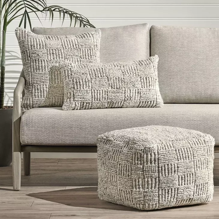 Shades Performance Vico Ivory and Gray Square Outdoor Pouf