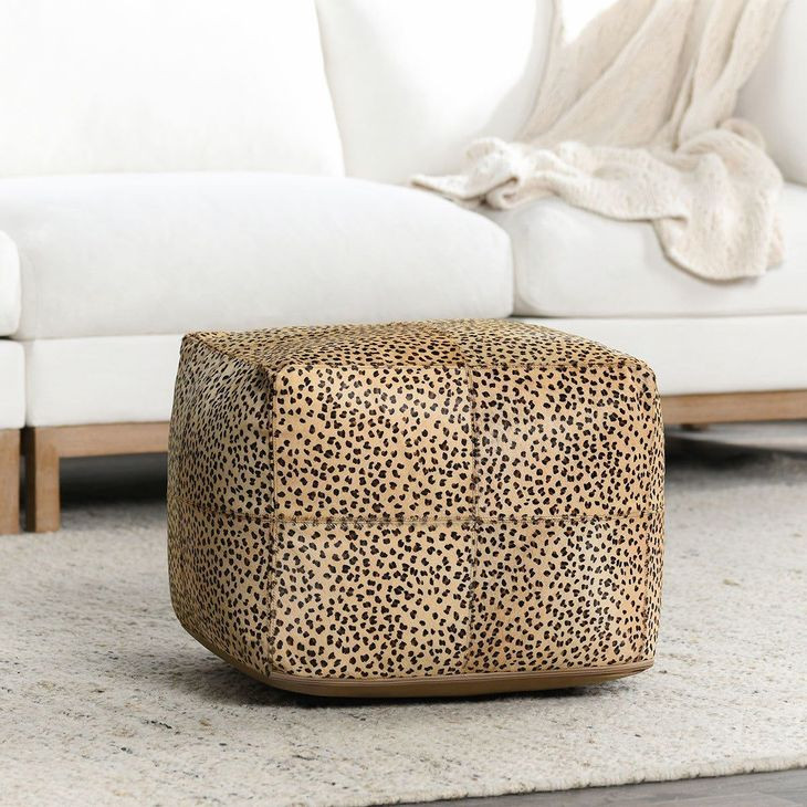 Poufs Leopard Hide Camel and Black Leather Square Accent Pouf
