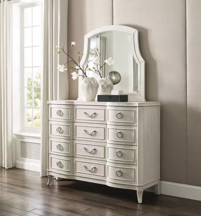 Harmony Eggshell 12 Drawer Emelie Dresser with Arched Angeline Mirror