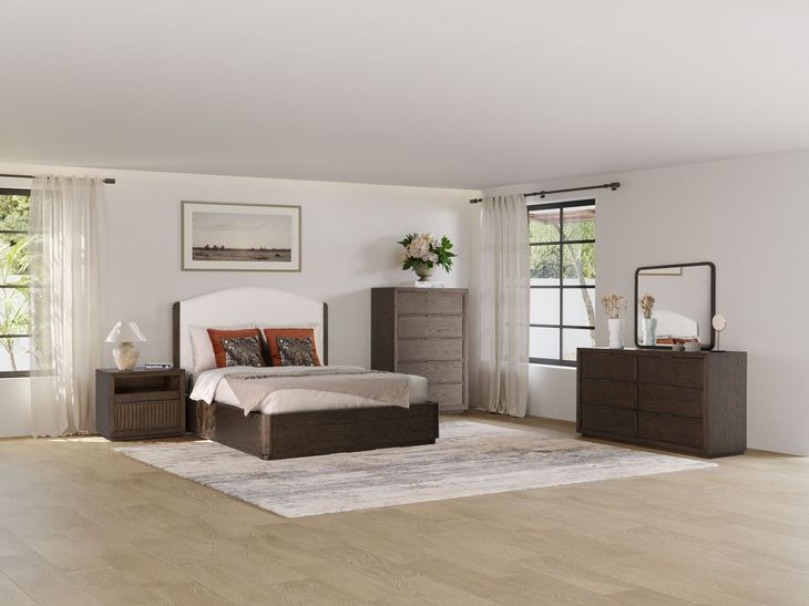 Athens Ivory and Chocolate Performance Fabric Queen Upholstered Panel Bed