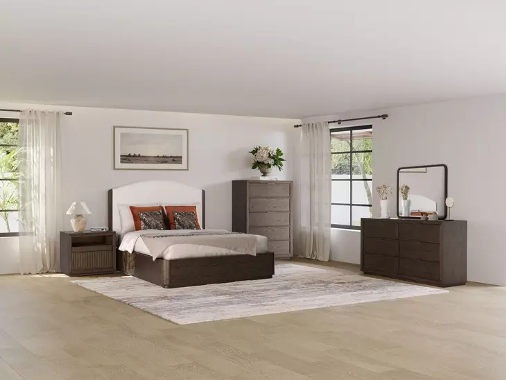 Athens Ivory and Chocolate Performance Fabric Queen Upholstered Panel Bed