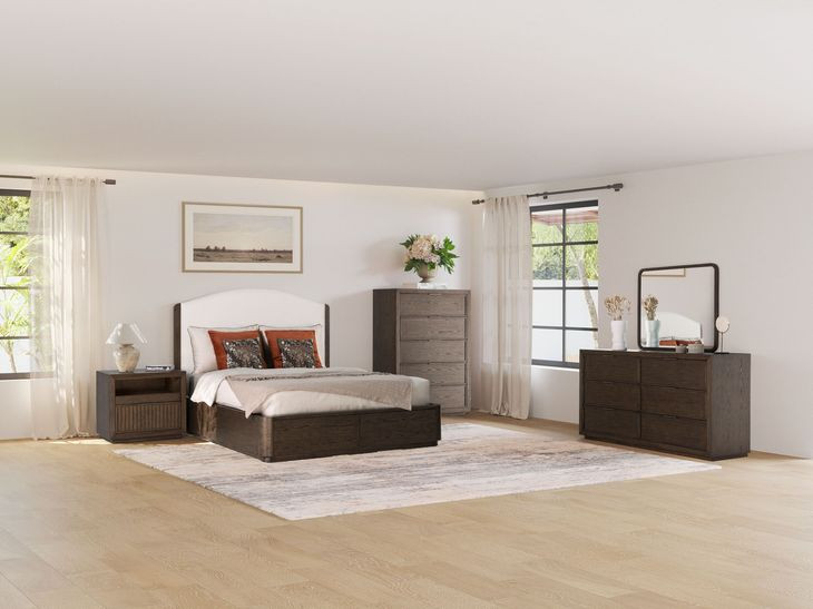 Athens Ivory and Chocolate Performance Fabric Queen Upholstered Storage Panel Bed