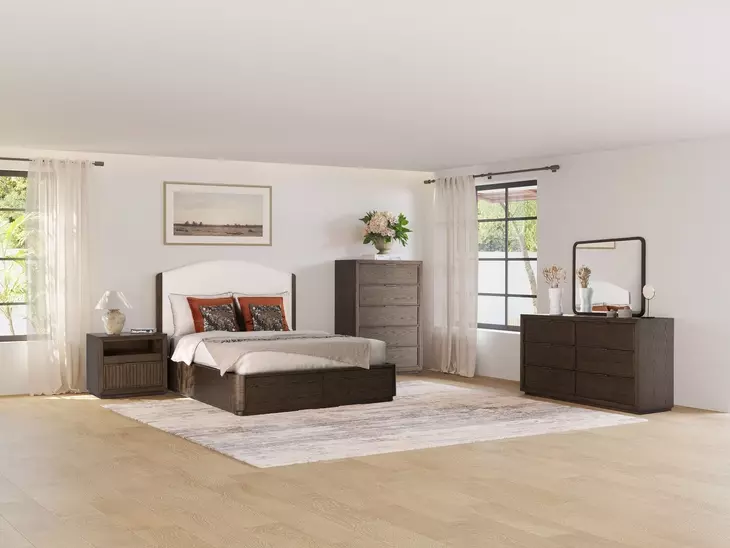 Athens Ivory and Chocolate Performance Fabric Queen Upholstered Storage Panel Bed