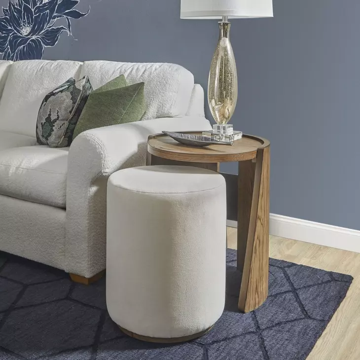 Lyra Cream Upholstered Round Pouf Ottoman