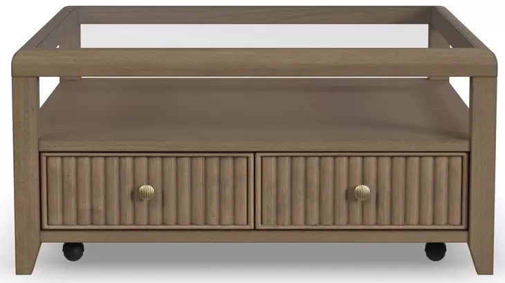 Reed Driftwood Oak Square Glass Top Coffee Table with Casters From
