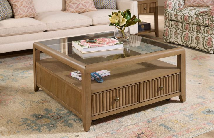 Reed Driftwood Oak Square Glass Top Coffee Table with Casters From