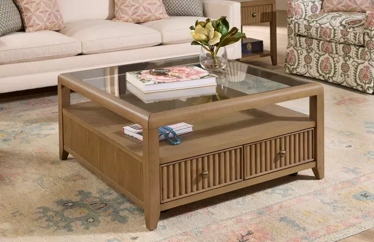 Reed Driftwood Oak Square Glass Top Coffee Table with Casters