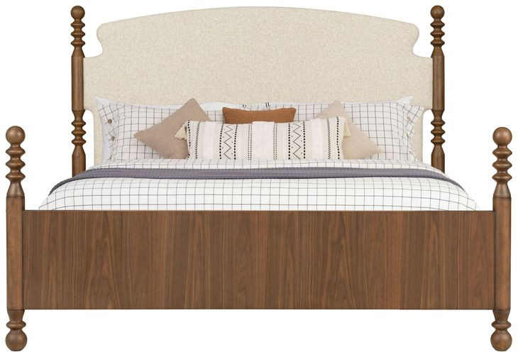 Azalea Oatmeal and Walnut Performance Fabric Queen Upholstered Panel Bed