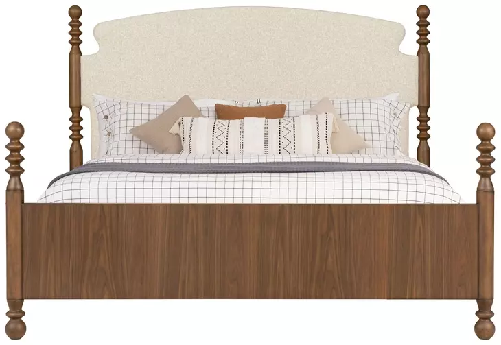 Azalea Oatmeal and Walnut Performance Fabric King Upholstered Panel Bed
