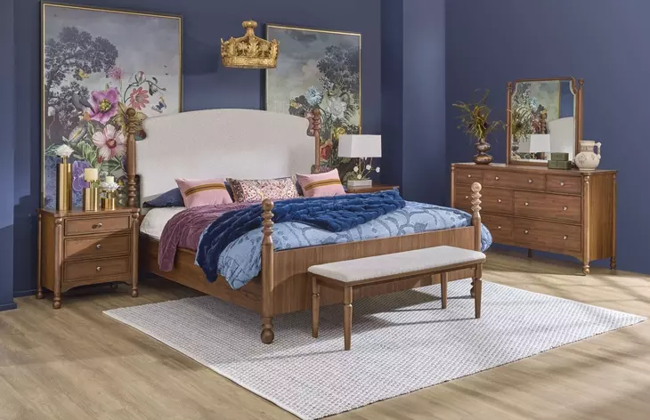Azalea Oatmeal and Walnut Performance Fabric King Upholstered Panel Bed