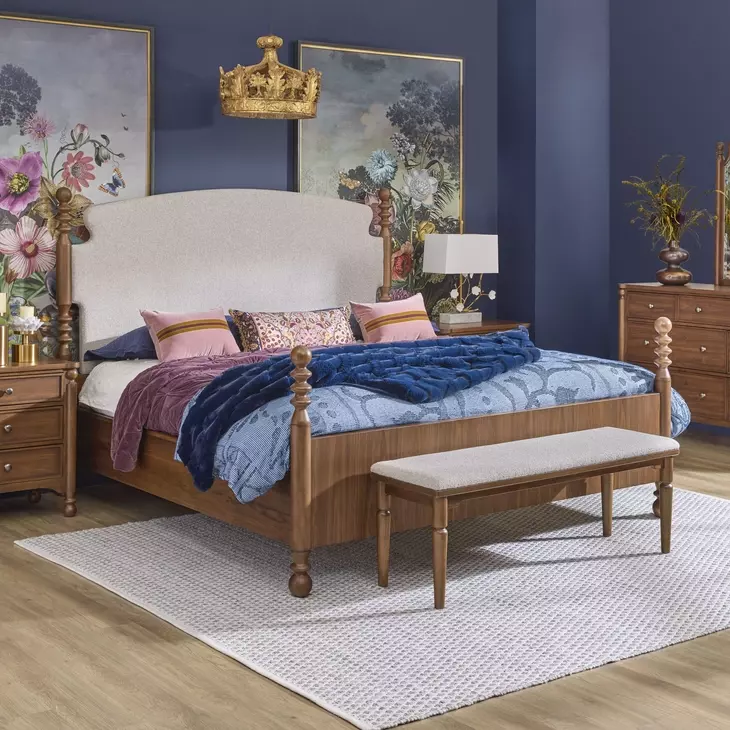 Azalea Oatmeal and Walnut Performance Fabric King Upholstered Panel Bed