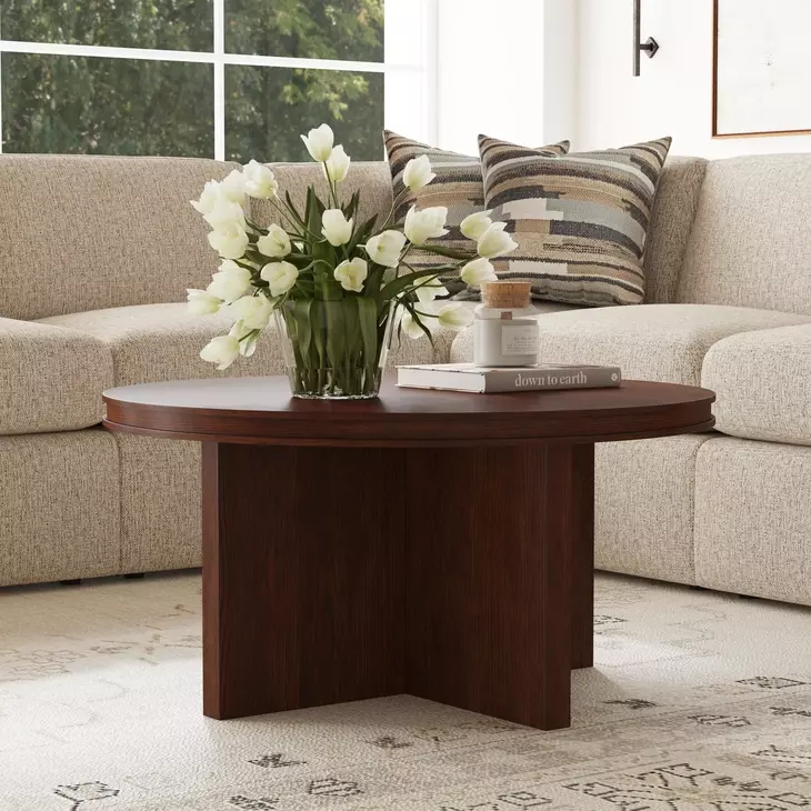 Waterfall Walnut Brown Round Coffee Table
