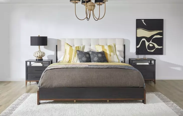 Waterfall Cream and Deep Ebony Performance Fabric King Upholstered Panel Bed
