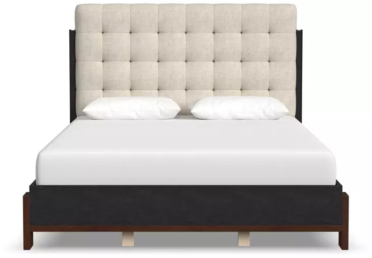 Waterfall Cream and Deep Ebony Performance Fabric Queen Upholstered Panel Bed