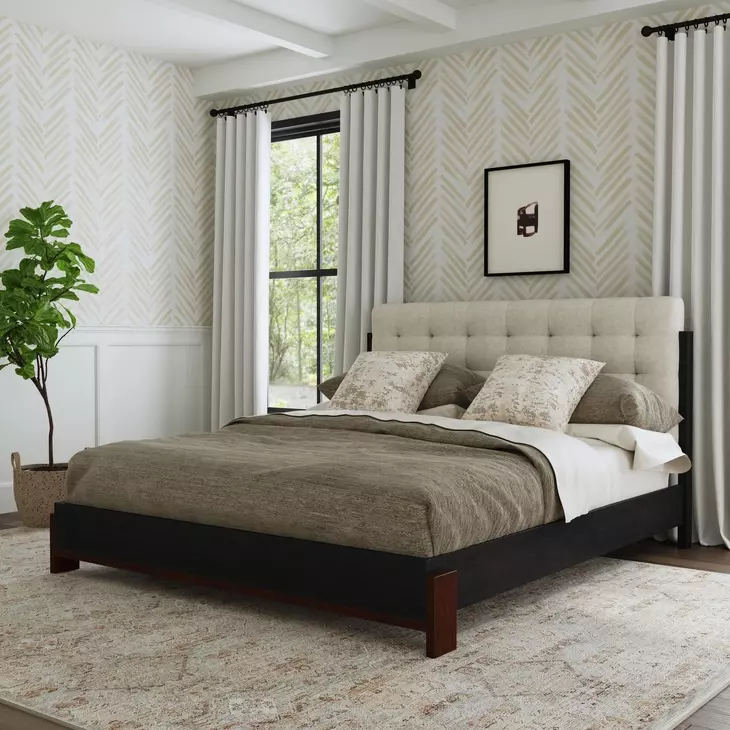 Waterfall Cream and Deep Ebony Performance Fabric Queen Upholstered Panel Bed