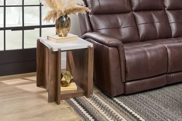 Lincoln White and Walnut Rectangular Stone Top End Table