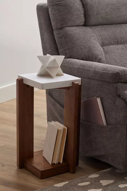 Lincoln Walnut and White Square Stone Top Accent Table