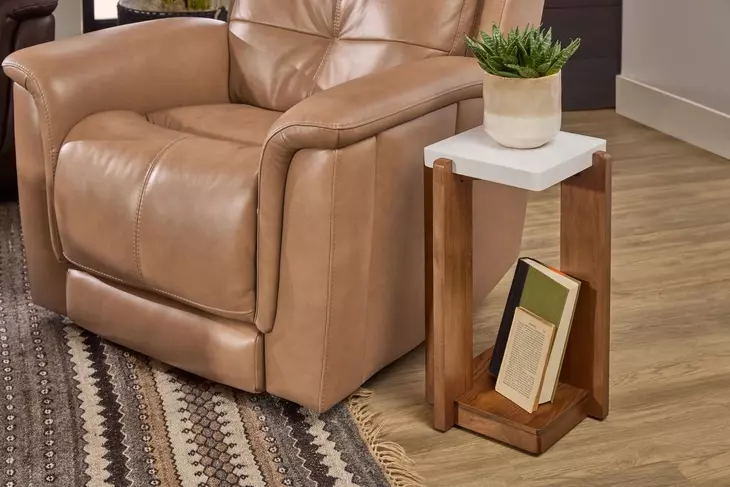Lincoln Walnut and White Square Stone Top Accent Table