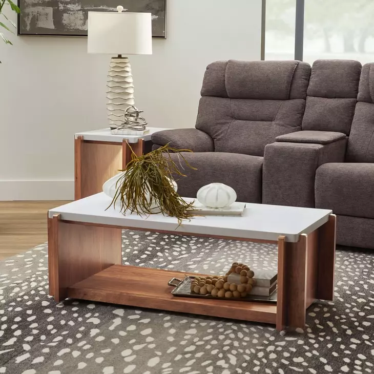 Lincoln White and Walnut Rectangular Stone Top Occasional Table Set with Casters