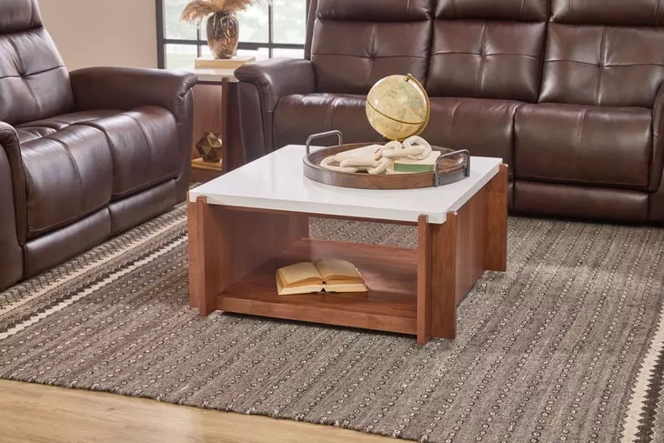 Lincoln White and Walnut Square Stone Top Occasional Table Set with Casters