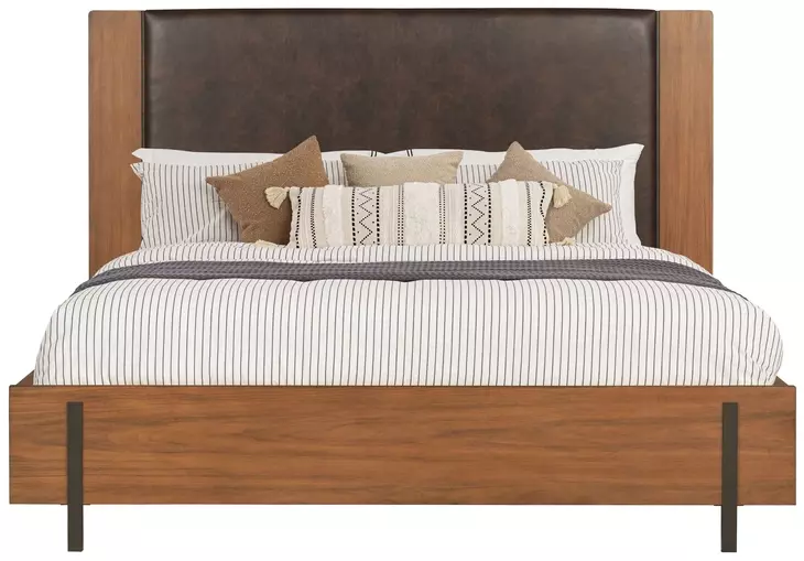 Lincoln Warm Walnut and Rich Brown King Upholstered Platform Bed with USB Charging and LED