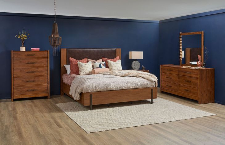 Lincoln Warm Walnut and Rich Brown Queen Upholstered Platform Bed with USB Charging and LED