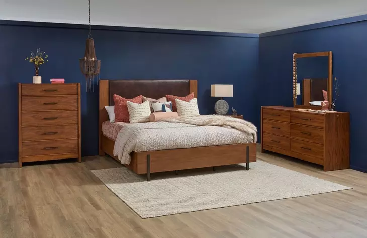 Lincoln Warm Walnut and Rich Brown Upholstered Platform Bedroom Set