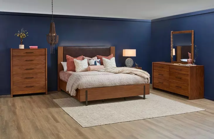 Lincoln Warm Walnut and Rich Brown Upholstered Platform Bedroom Set