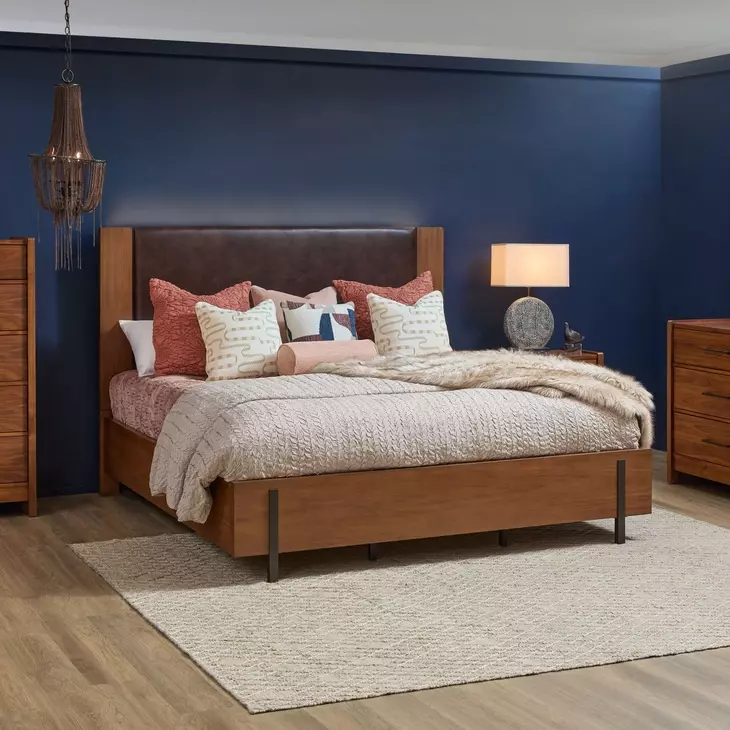 Lincoln Warm Walnut and Rich Brown King Upholstered Platform Bed with USB Charging and LED