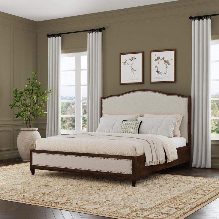 Bellevue Creamy Tan and Whiskey Brown Performance Fabric King Upholstered Platform Bed with Nailhead Trim