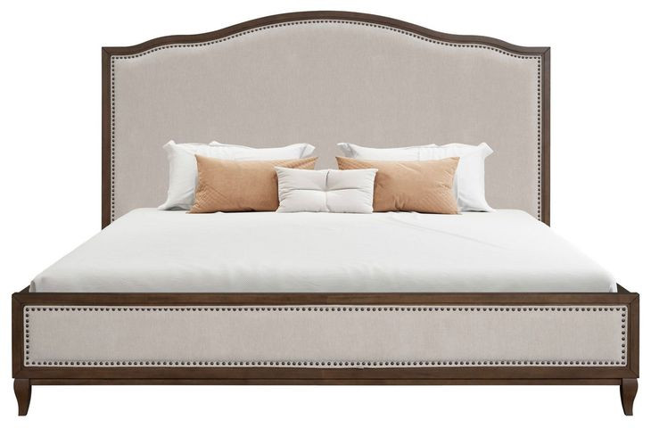 Bellevue Creamy Tan and Whiskey Brown Performance Fabric King Upholstered Platform Bed with Nailhead Trim